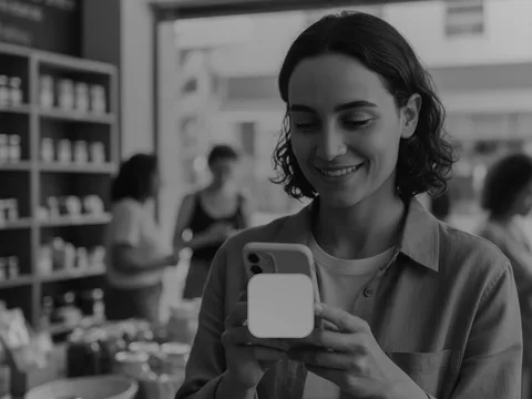 Cliente aproximando o celular de uma tag NFC no balcão